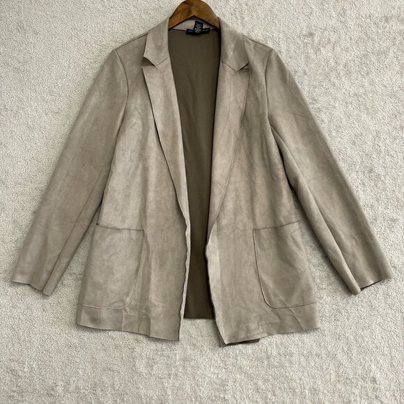 Joan Vass New York Women's M Open Front Blazer Jacket Taupe Raw hem Faux Suede - Picture 1 of 6